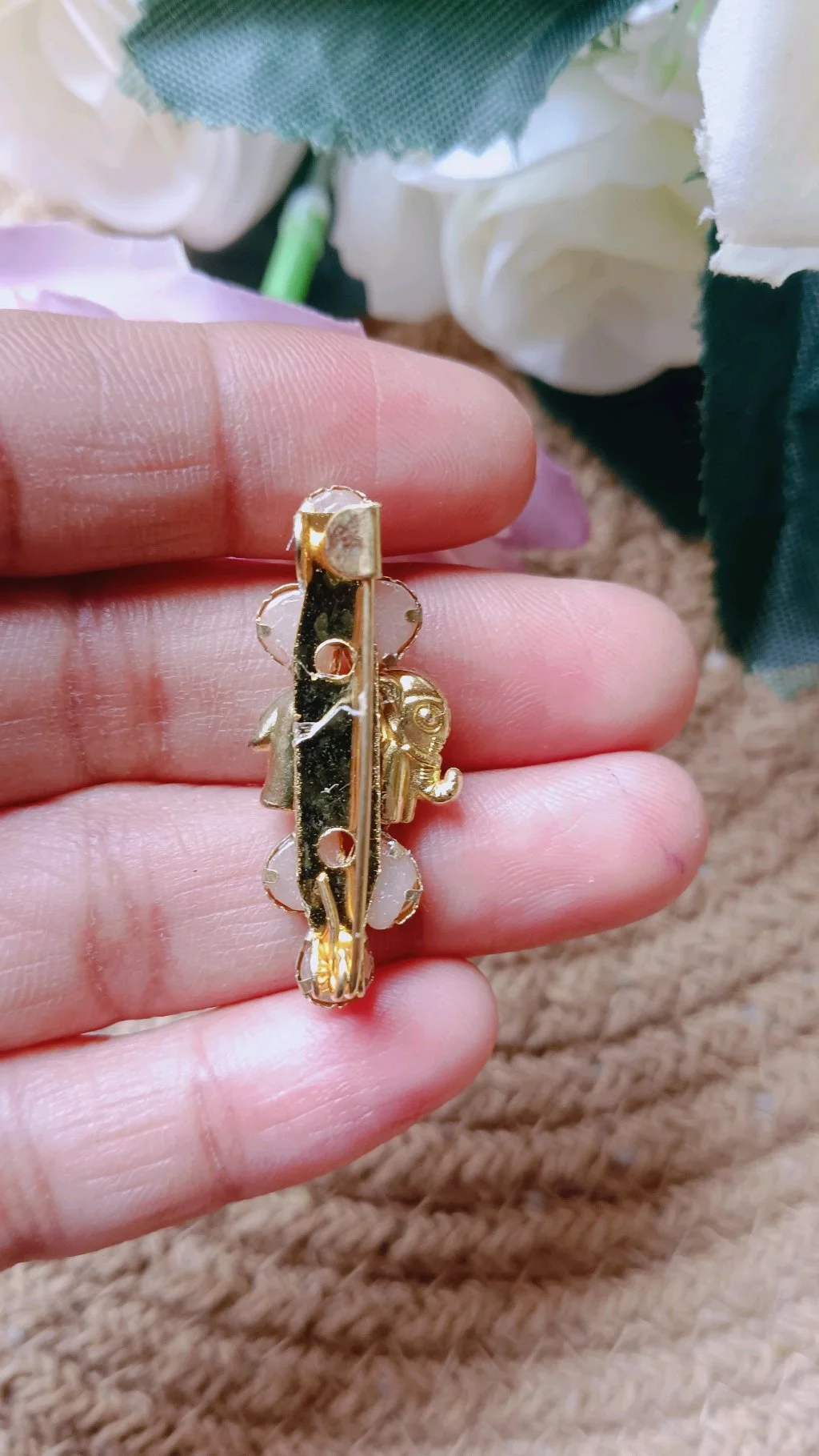 Gold Tone Elephant Saree Brooch Pin with Pink Stones thumbnail 2