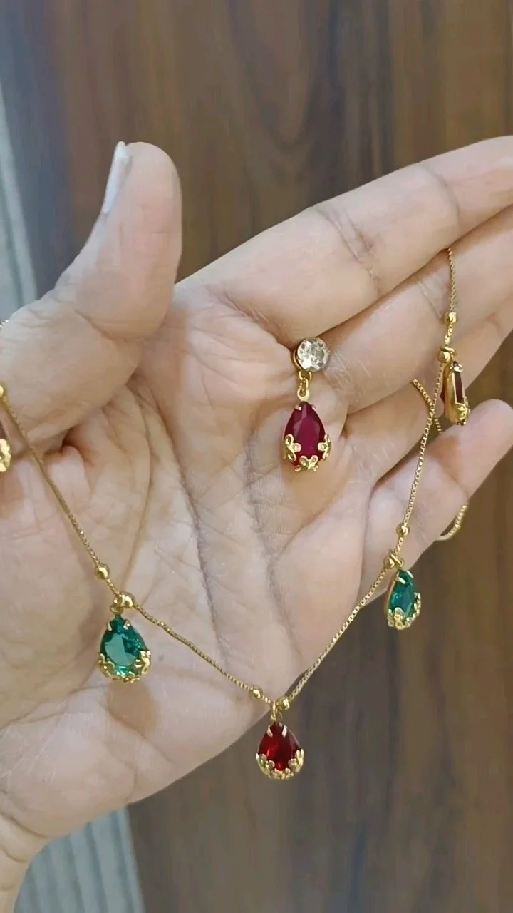 Gold Plated Chain with Red and Green Teardrop Stones 2
