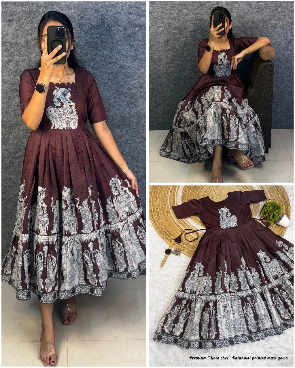 Maroon Kalamkari Print Flared Midi Dress thumbnail 8