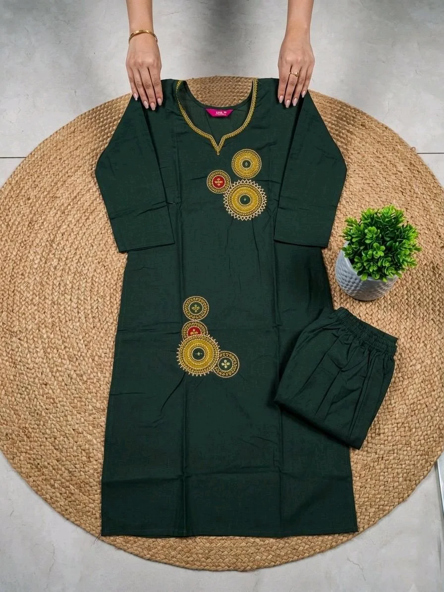 Cotton Kurta Set with Golden Circle Embroidery thumbnail 1