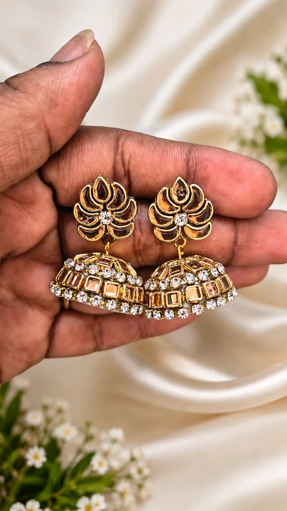 Gold Toned Floral Jhumka Earrings thumbnail 1
