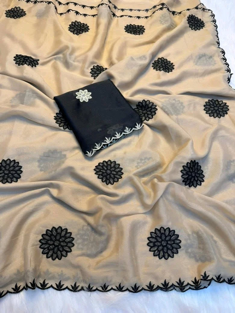 Soft Georgette Saree with Black Floral Embroidery thumbnail 5