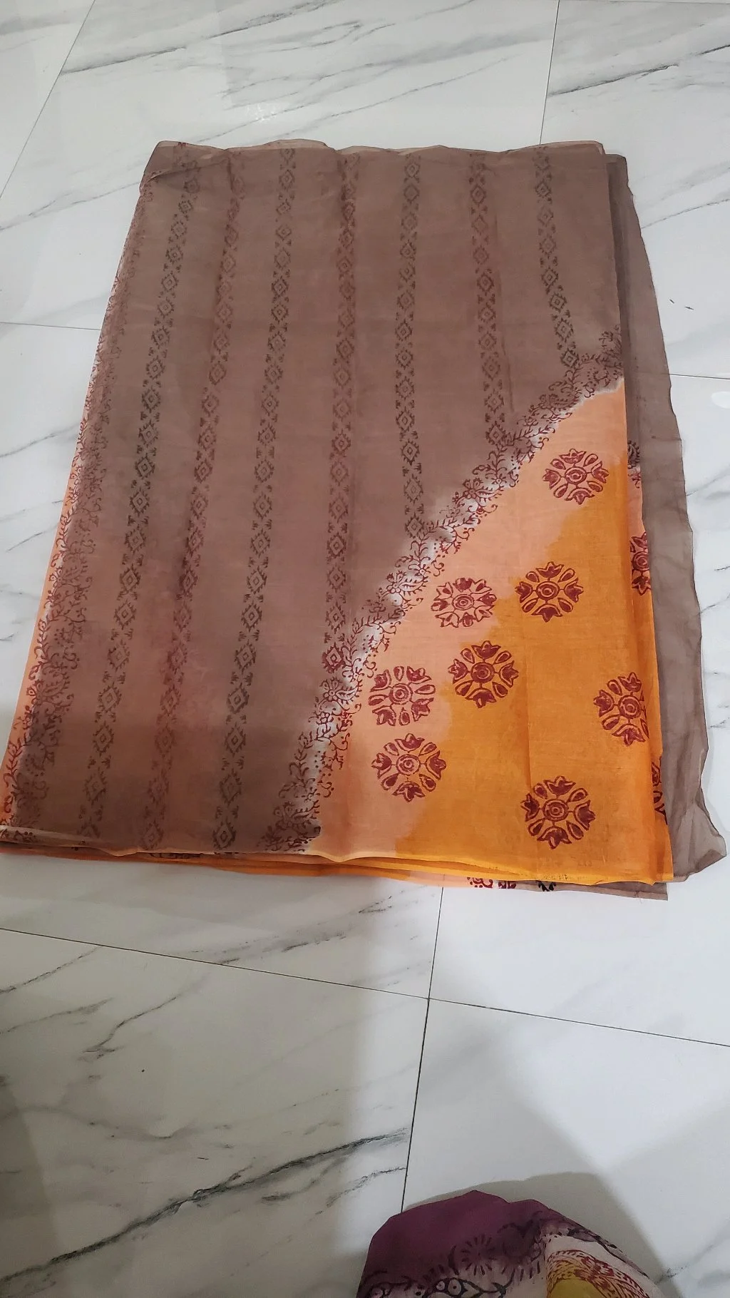 Brown and Orange Block Print Organdi Saree thumbnail 1