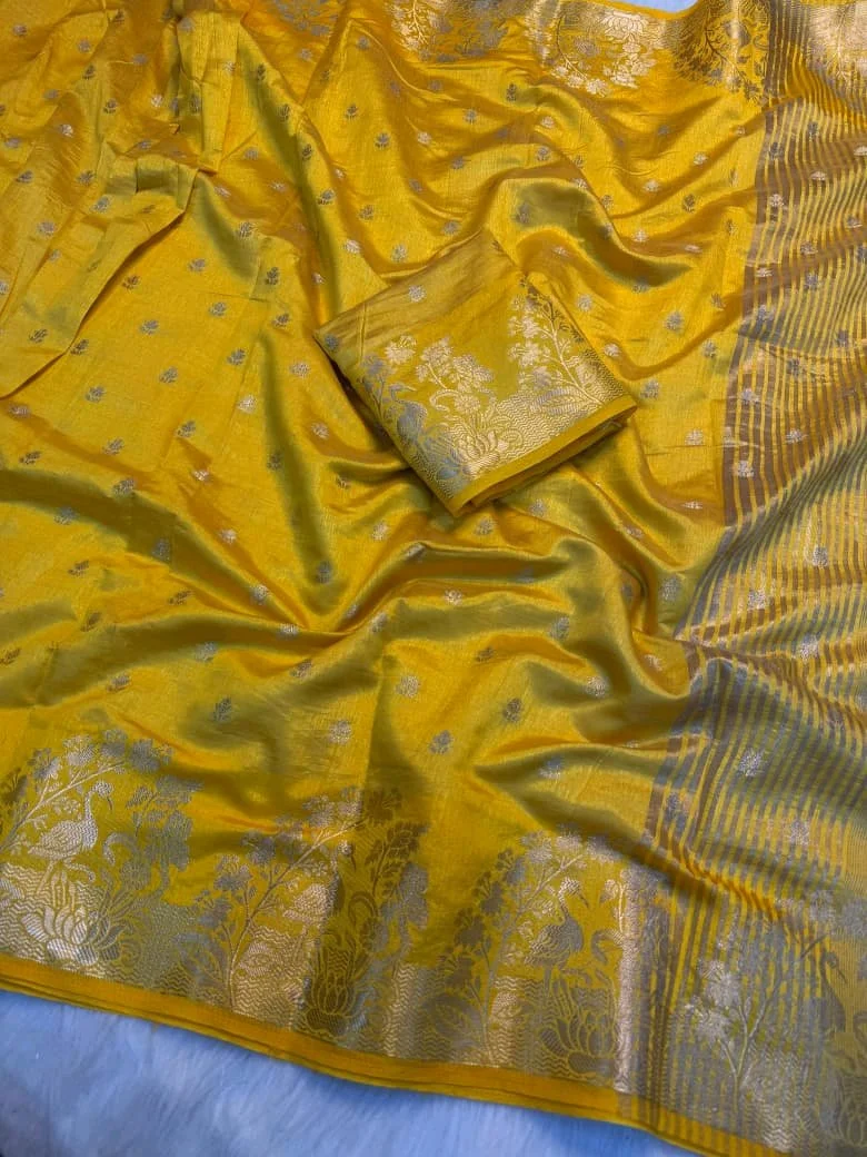 Soft Tusser  Silk Saree with Gold Zari Bird and Floral Motifs 9