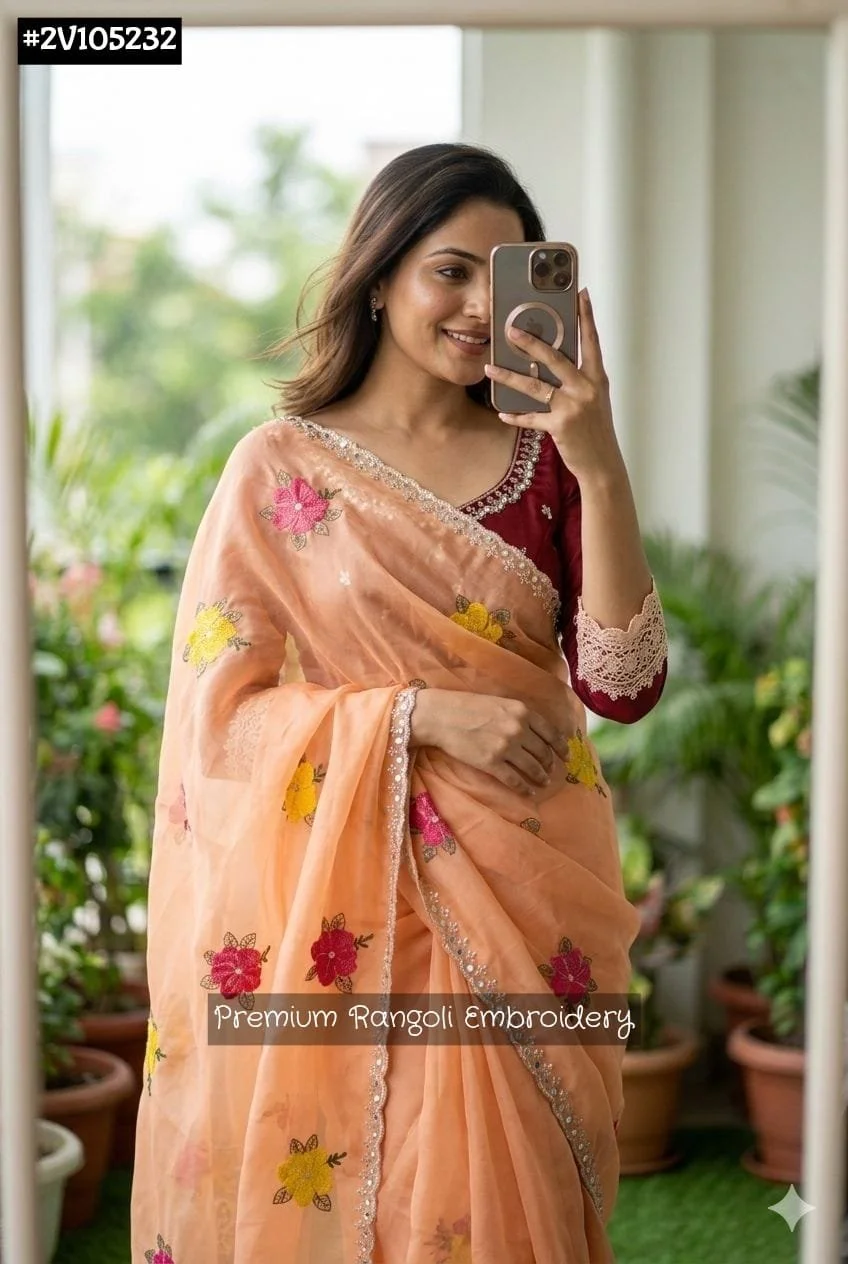 Cream Saree with Premium Rangoli Floral Embroidery and Mirror Work 5