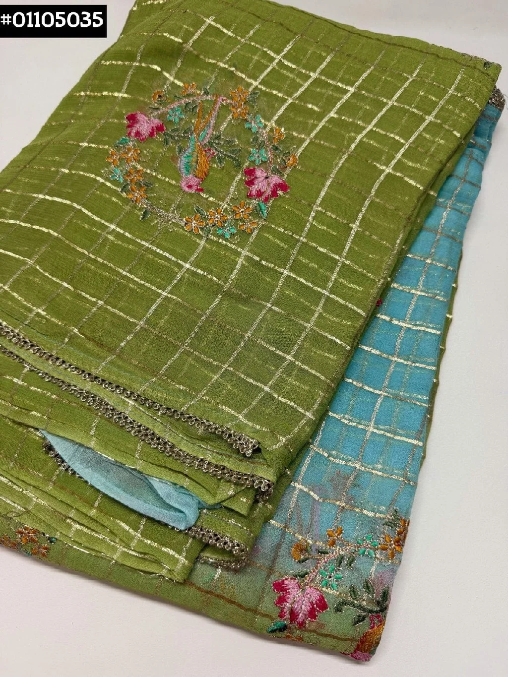 Soft Georgette Checkered Saree with Bird Embroidery thumbnail 2