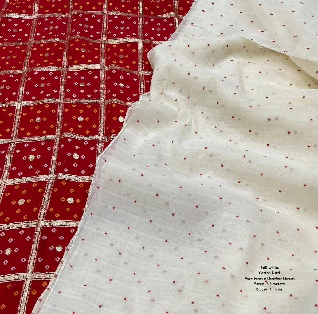 White Cotton Butti Saree with Red Banarasi Bandhani Blouse 5