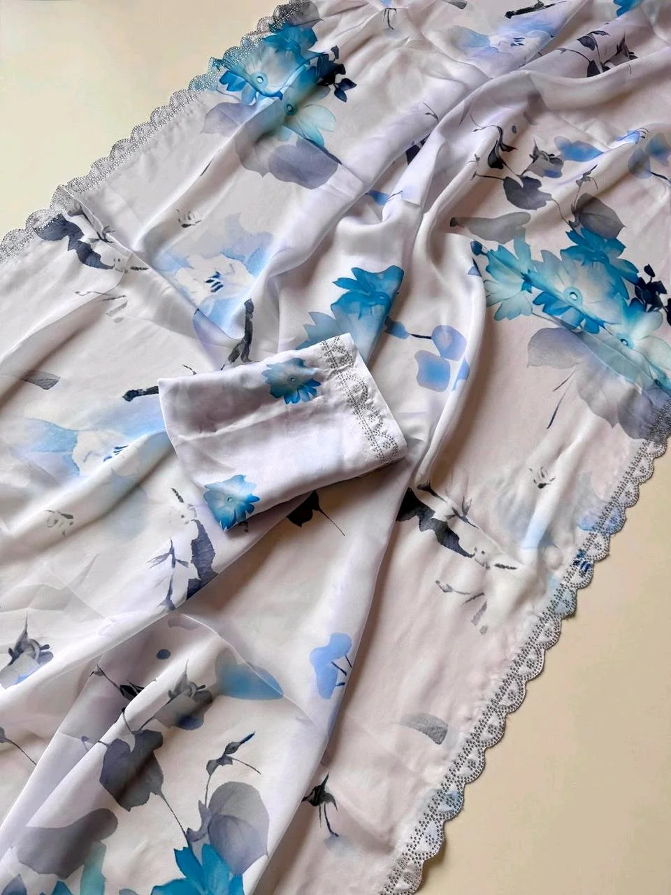 Georgette Saree with Blue Floral Print and Lace Border thumbnail 1