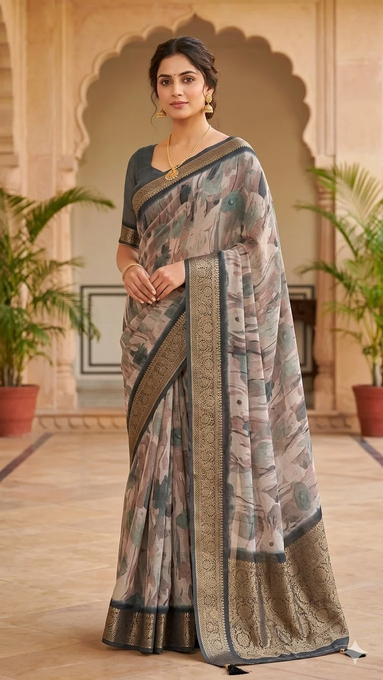 Abstract Print Chiffon Saree with Zari Border