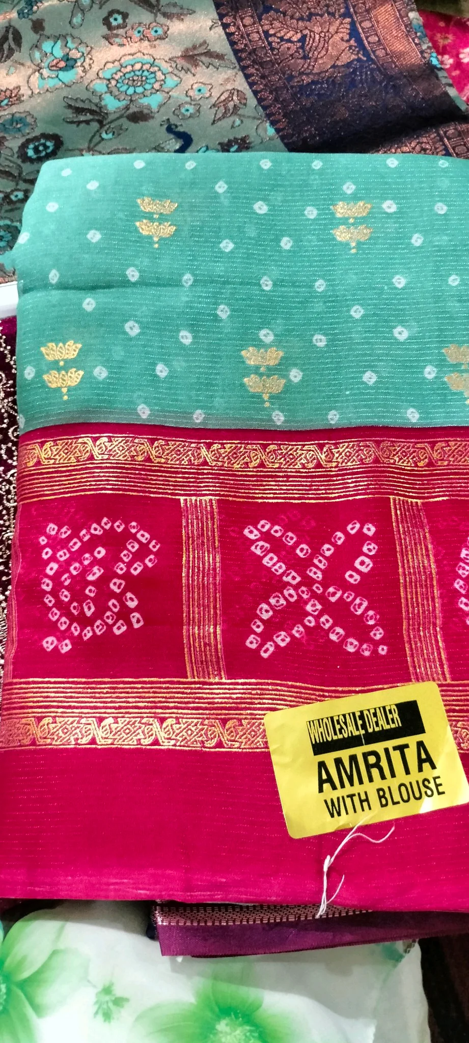 Amrita Green and Fuchsia Bandhani Saree with Blouse