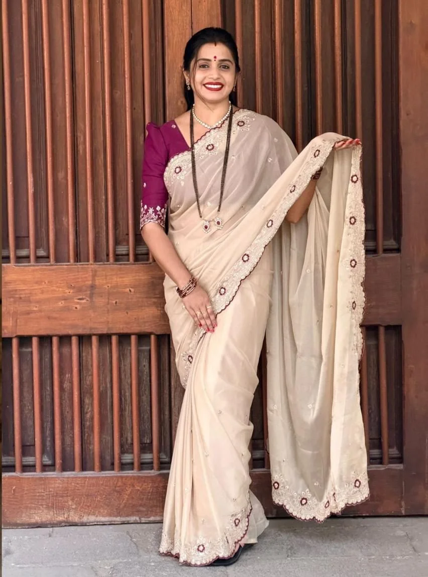 Cream Embroidered Saree with Maroon Blouse 1