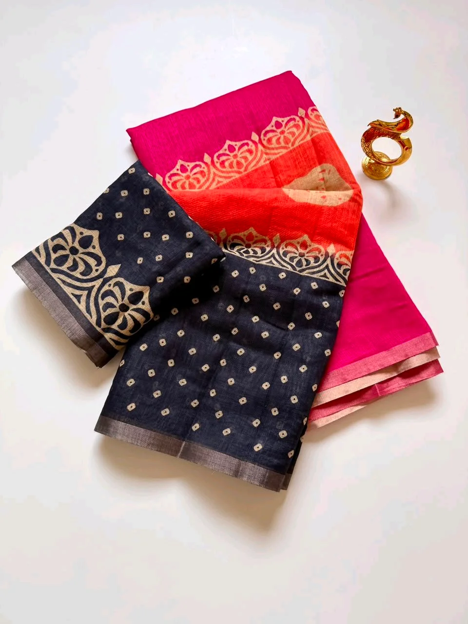 Rani Pink Saree with Black Floral Block Print and Printed Blouse thumbnail 1