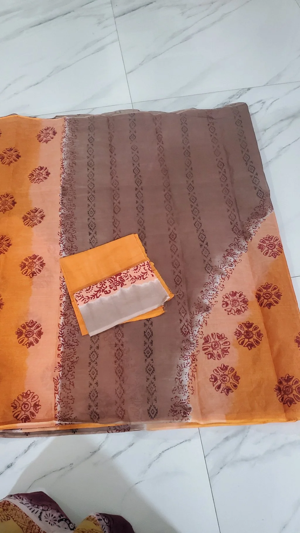 Brown and Orange Block Print Organdi Saree thumbnail 3