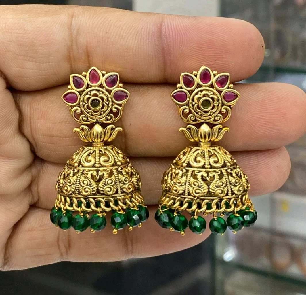Gold Plated Traditional Jhumka Earrings with Red and Green Stones