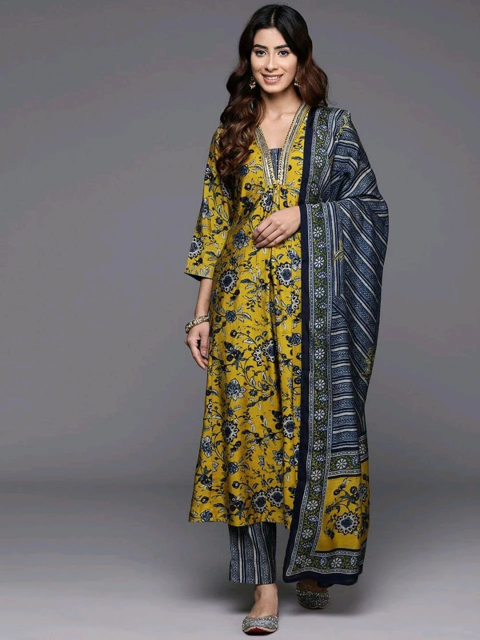 Mustard Yellow Floral Print Kurta Set with Dupatta 1