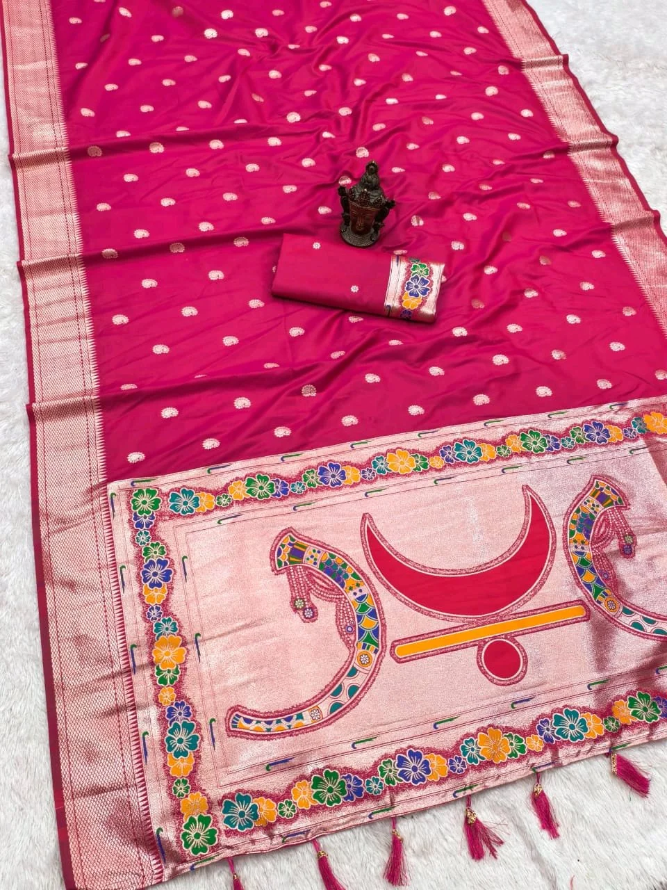 Banarasi Silk Blend Saree with Silver Zari and Paithani Inspired Pallu 7