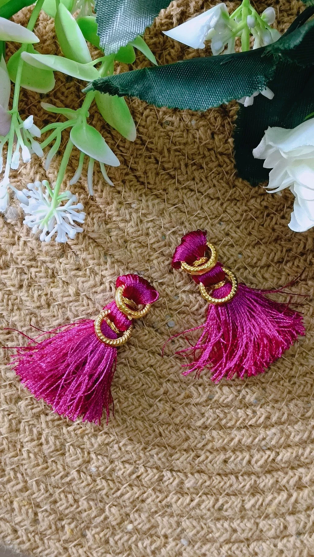 Fuchsia Silk Thread Tassel Earrings with Gold Rings thumbnail 5