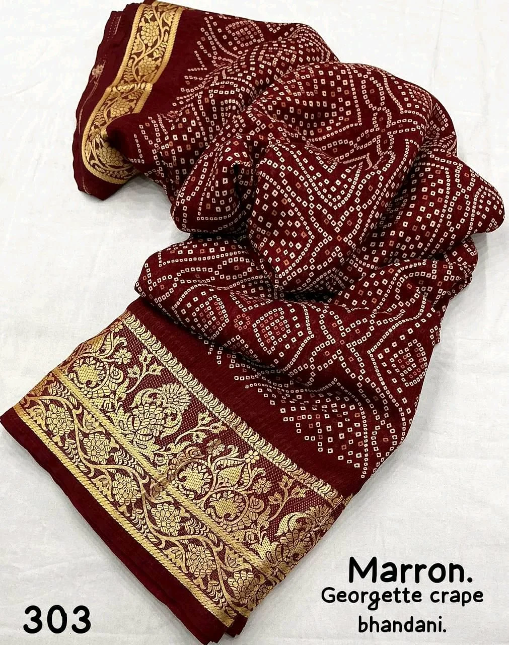 Marron Georgette Crape Bandhani Saree 1