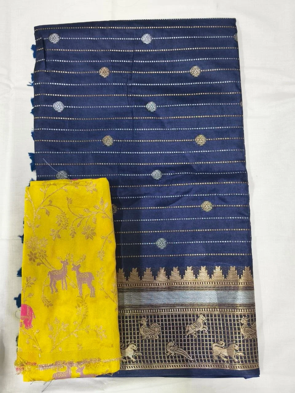 Magenta Silk Saree with Animal Motif Border and Yellow Blouse thumbnail 3