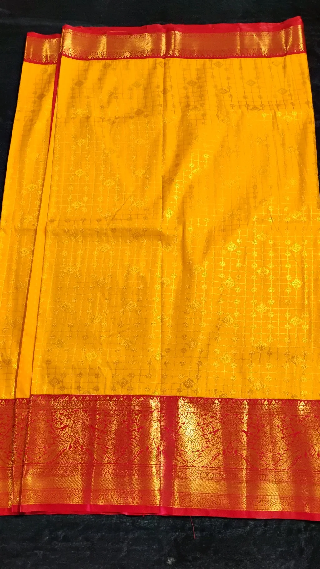 Pure Dharmavaram Yellow Saree with Red and Gold Zari Border thumbnail 2