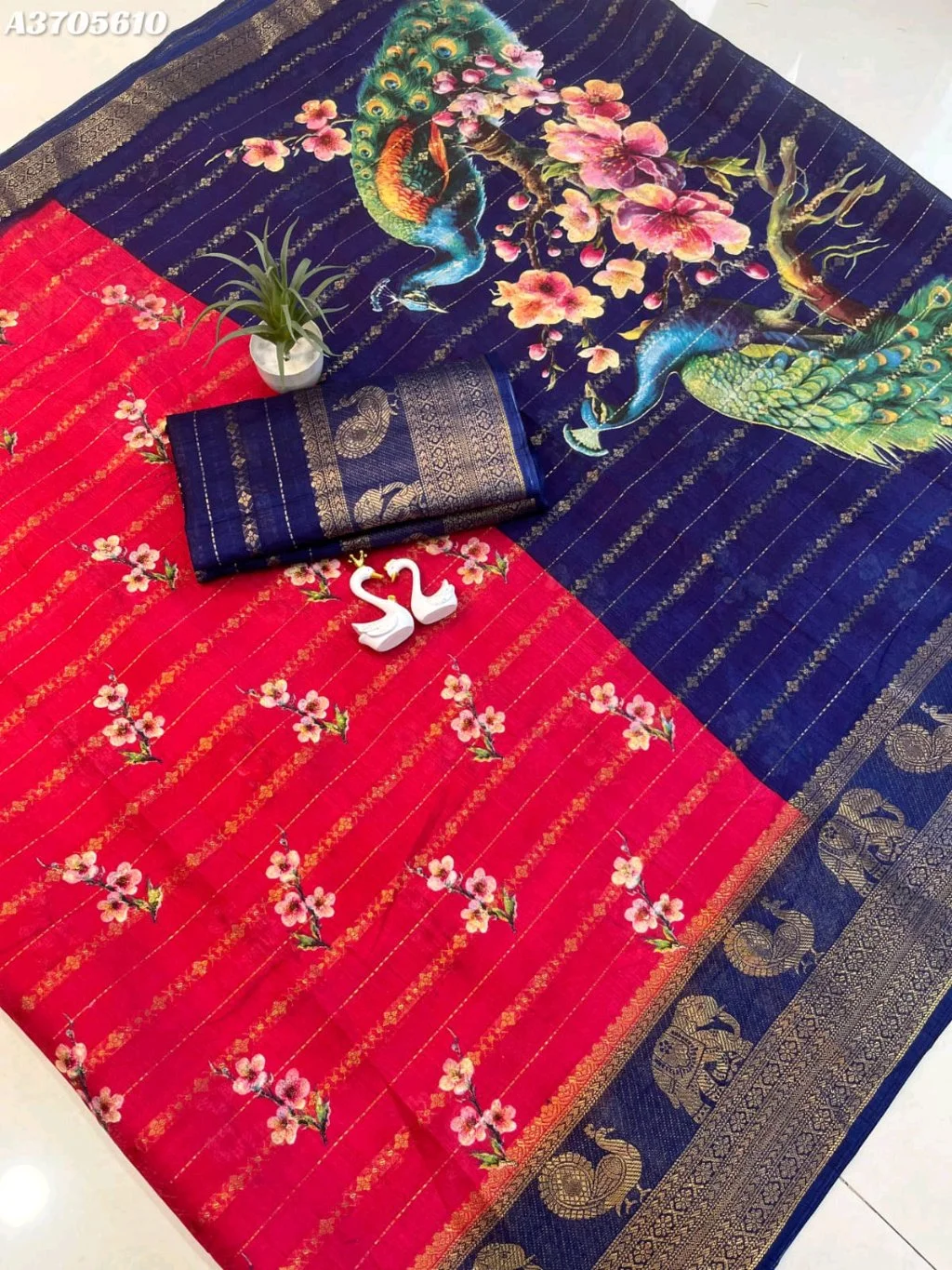 Dual Tone Red and Navy Blue Silk Blend Saree with Peacock Print