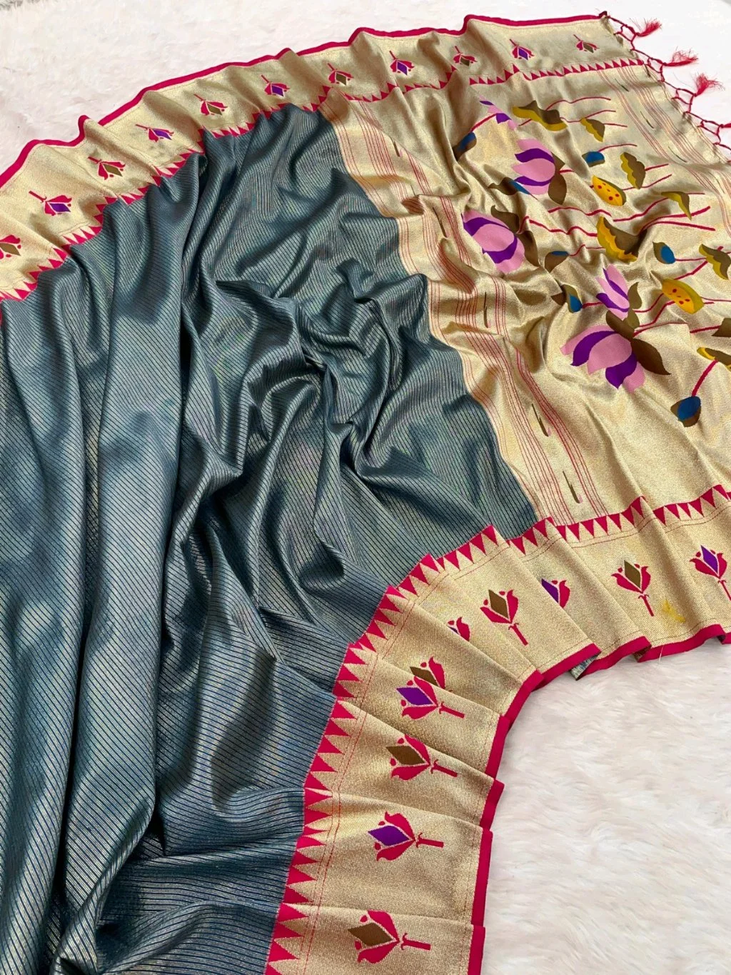 Soft Tissue Silk Paithani Saree with Colorful Floral Pallu and Gold Border 1