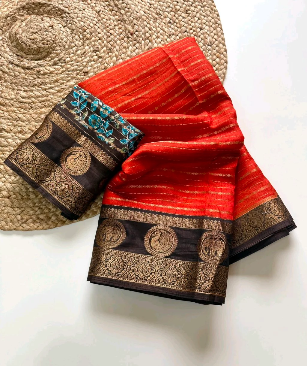 Red Silk Blend Saree with Black Zari Border thumbnail 1