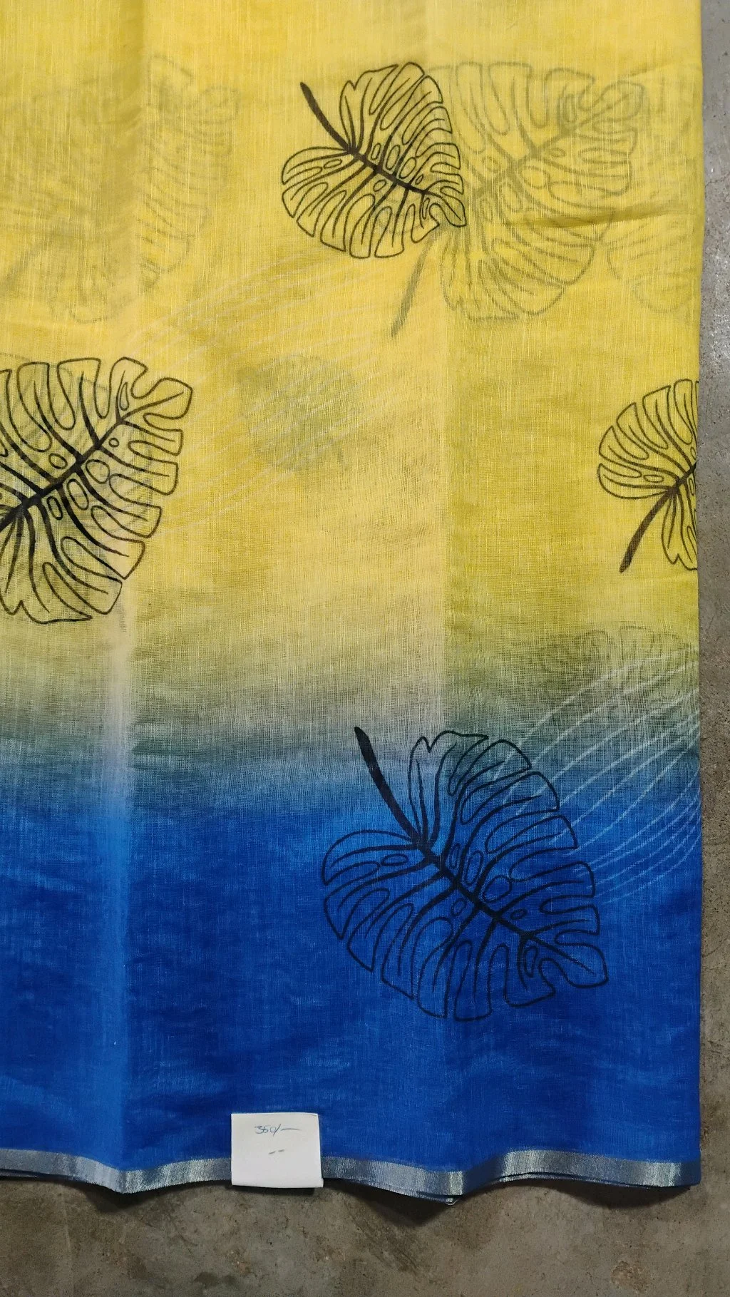 Yellow Blue Ombre Linen Saree with Leaf Print thumbnail 3