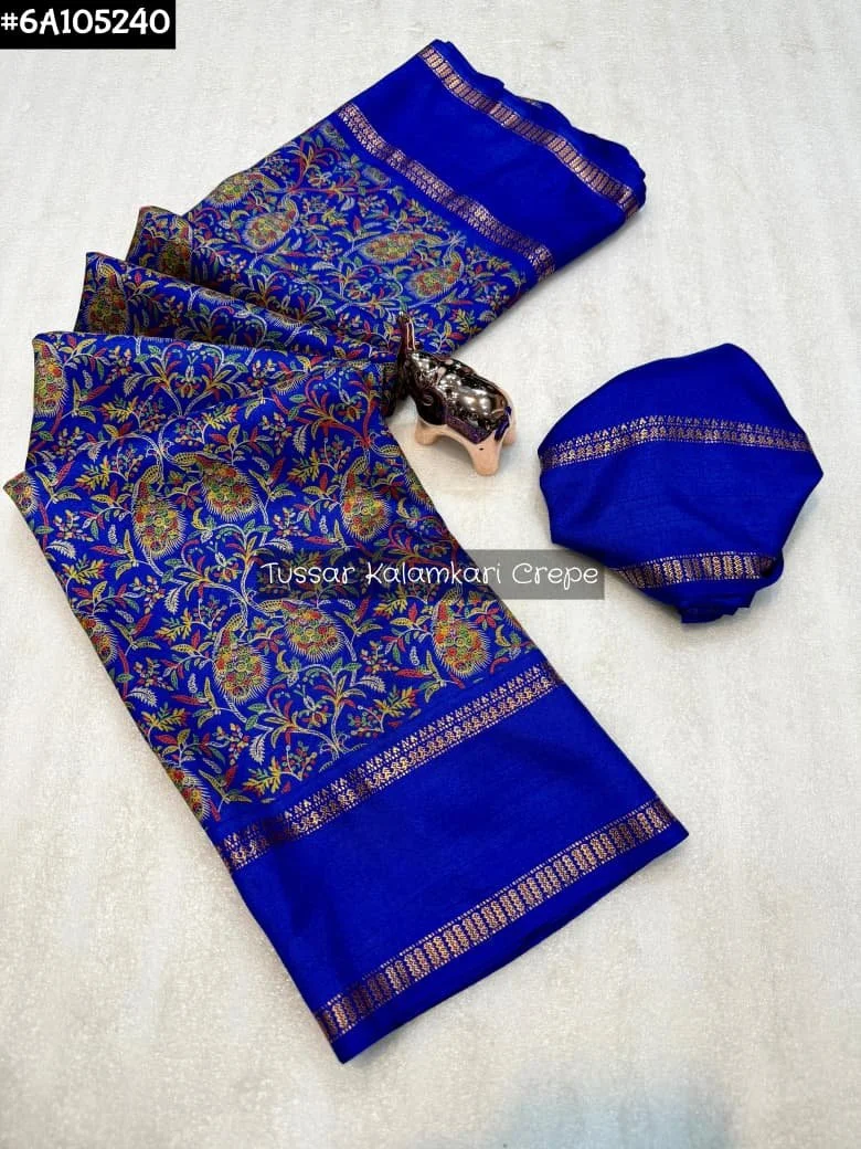 Blue Tussar Kalamkari Crepe Saree with Zari Border 1