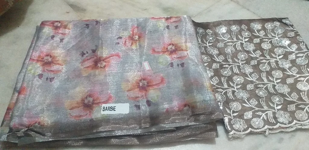 Barbie Grey Floral Organza Saree with Embroidered Blouse Piece