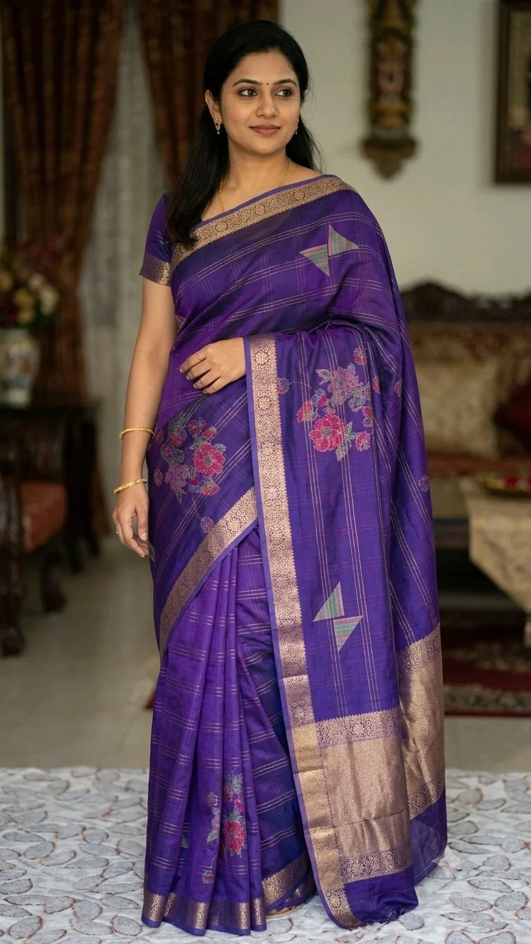 Purple Silk Blend Saree with Floral Print and Zari Border thumbnail 1