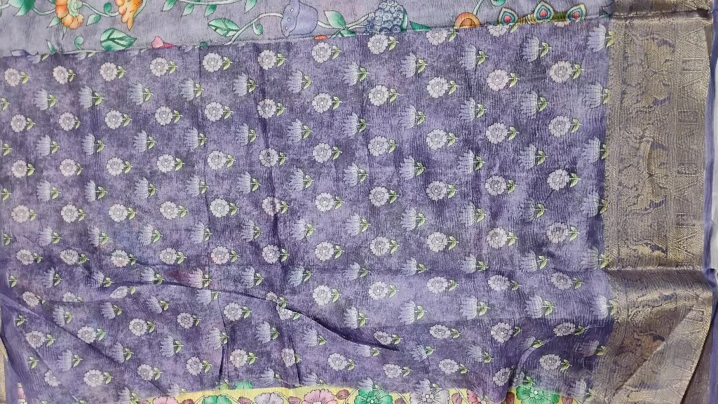 Lavender Floral Peacock Print Saree with Zari Border thumbnail 2