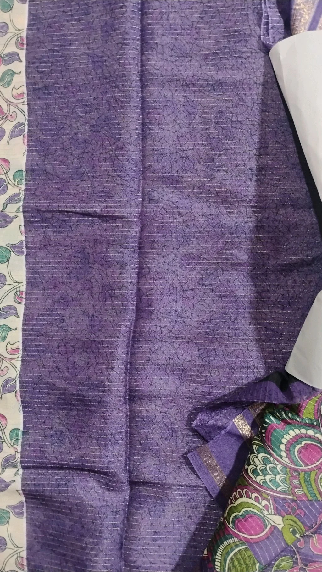 Cream Floral Print Silk Blend Saree with Purple Zari Border thumbnail 4