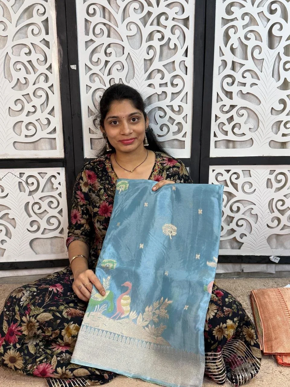 Light Blue Silk Blend Saree with Bird Motifs and Zari Border