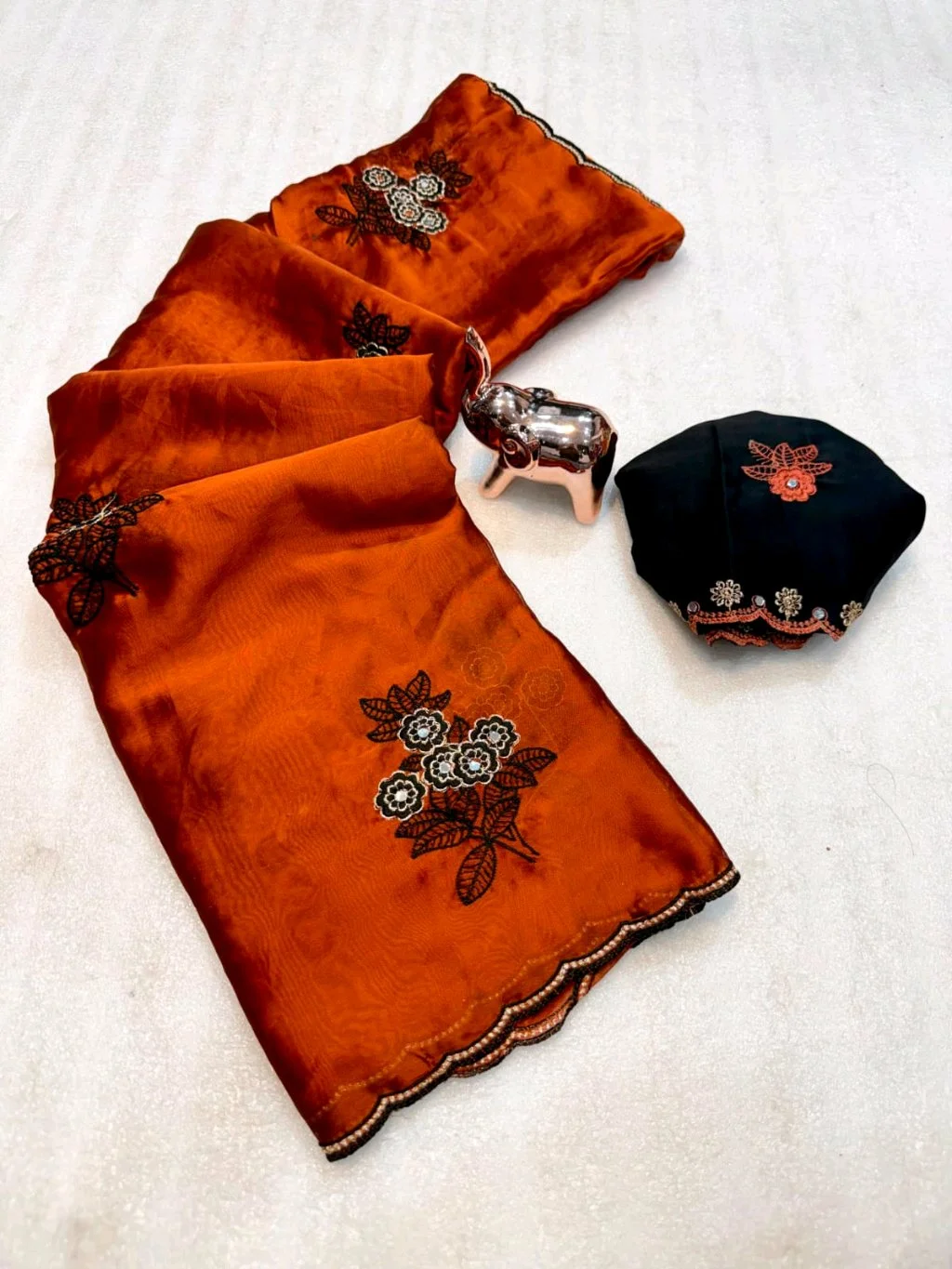 Rangoli Silk Saree with Black Floral Embroidery and Designer Blouse thumbnail 3