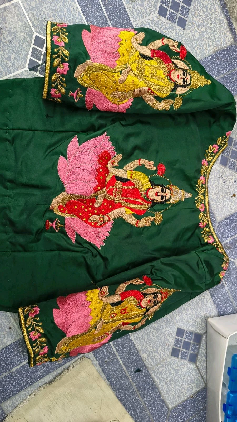 Green Computer Embroidered Goddess Lakshmi Blouse Piece