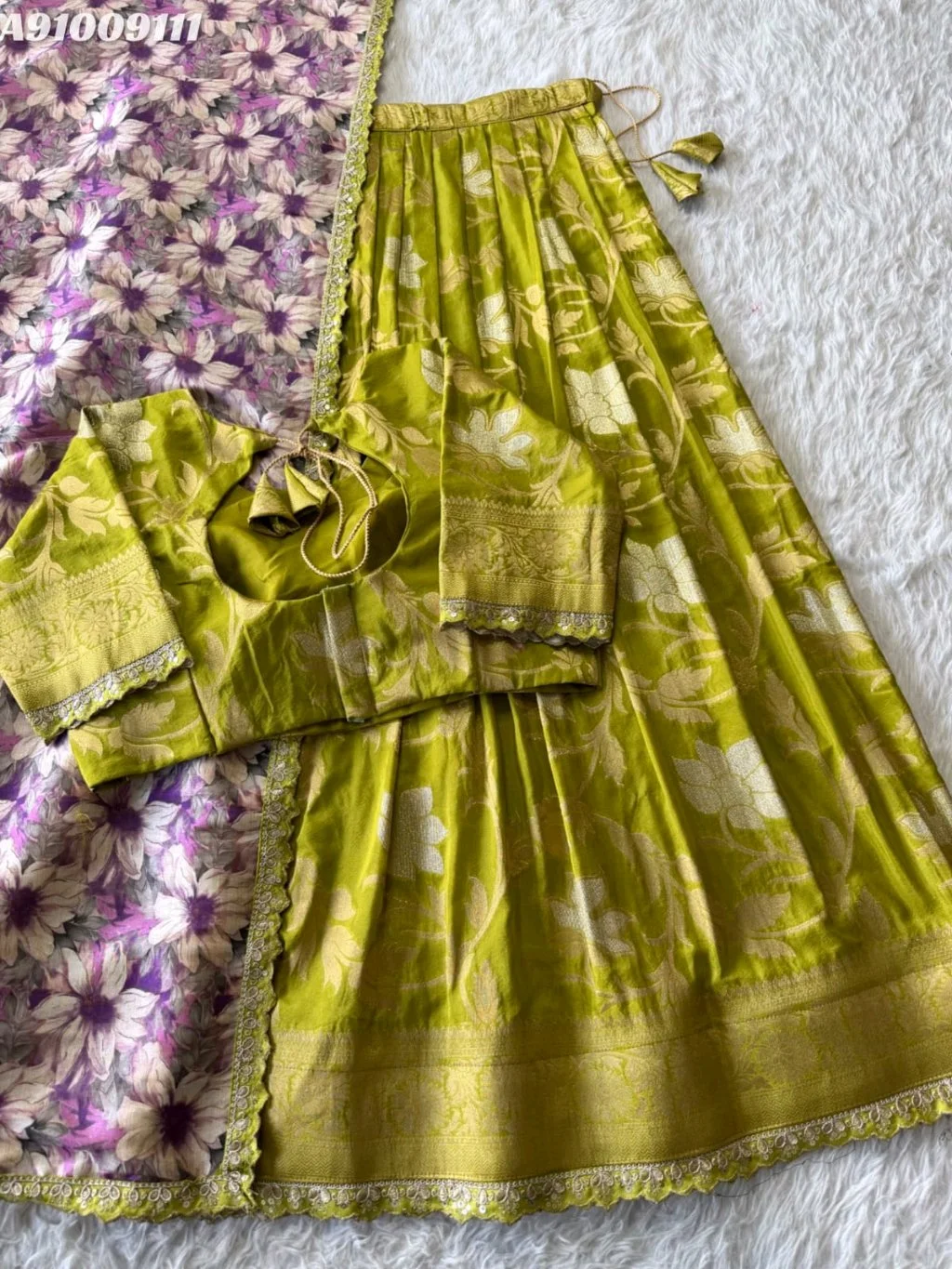 Lime Green Brocade Lehenga Choli Set with Floral Dupatta