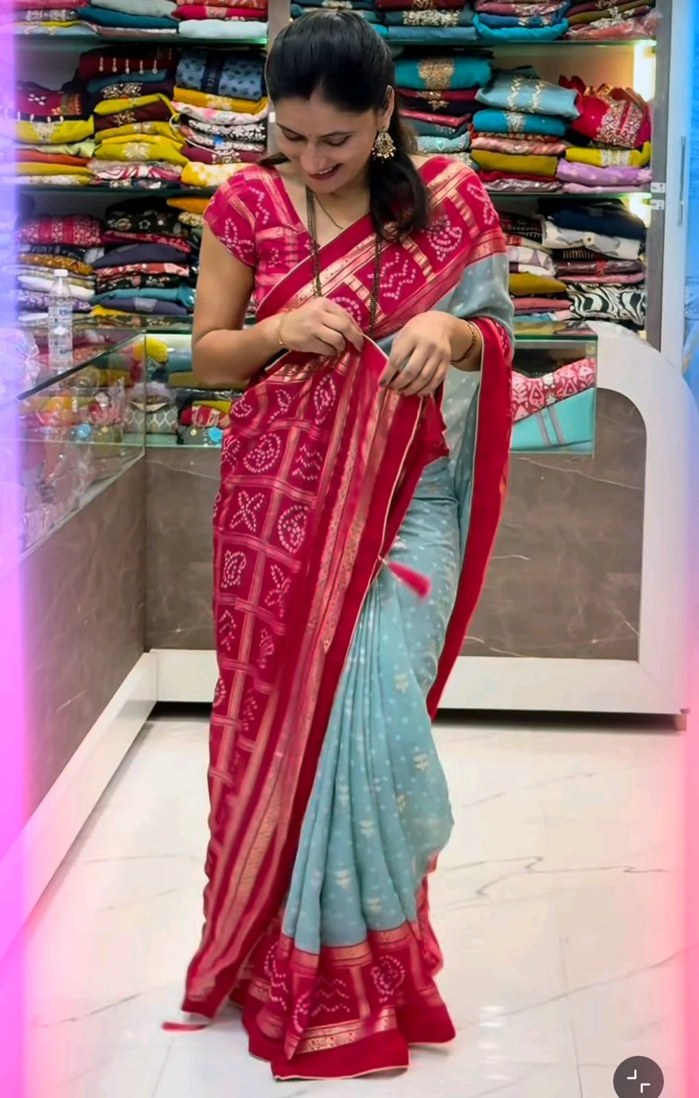 Sky Blue Saree with Pink Bandhani Border 5
