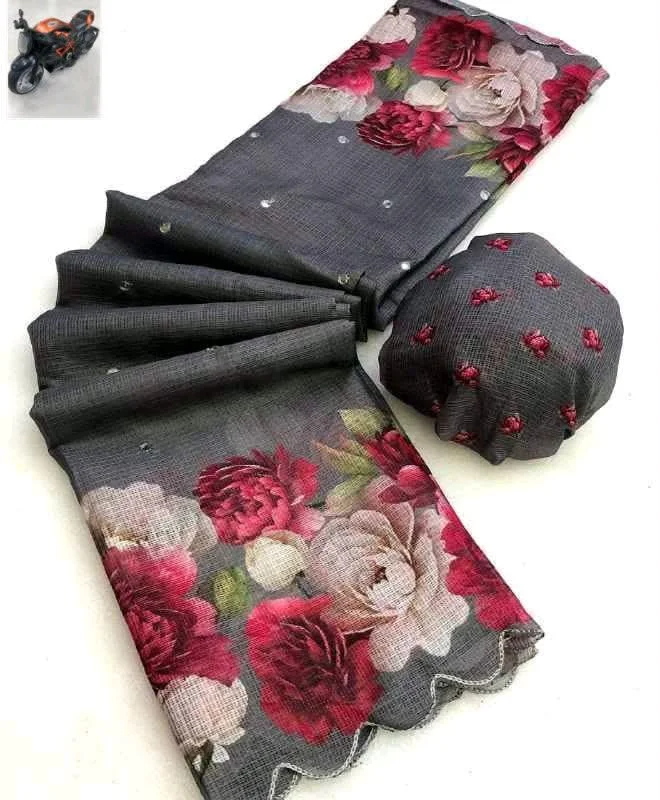 Soft Kota Floral Print Saree with Scalloped Border thumbnail 1