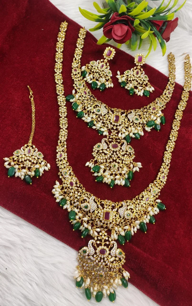 Gold Plated Green Stone Pearl Bridal Jewellery Set