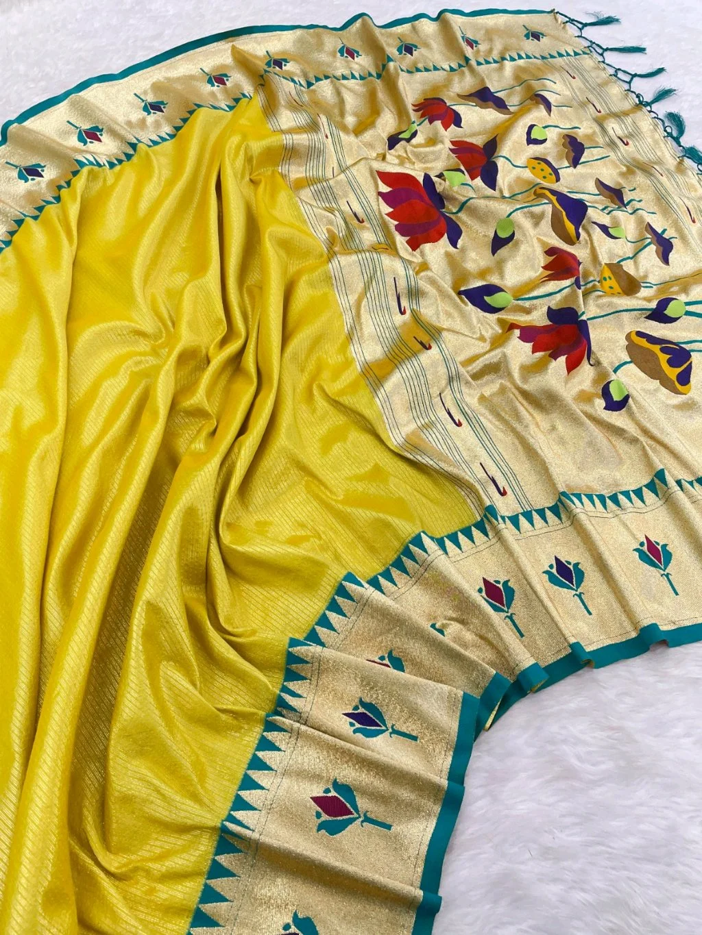 Soft Tissue Silk Paithani Saree with Colorful Floral Pallu and Gold Border 2