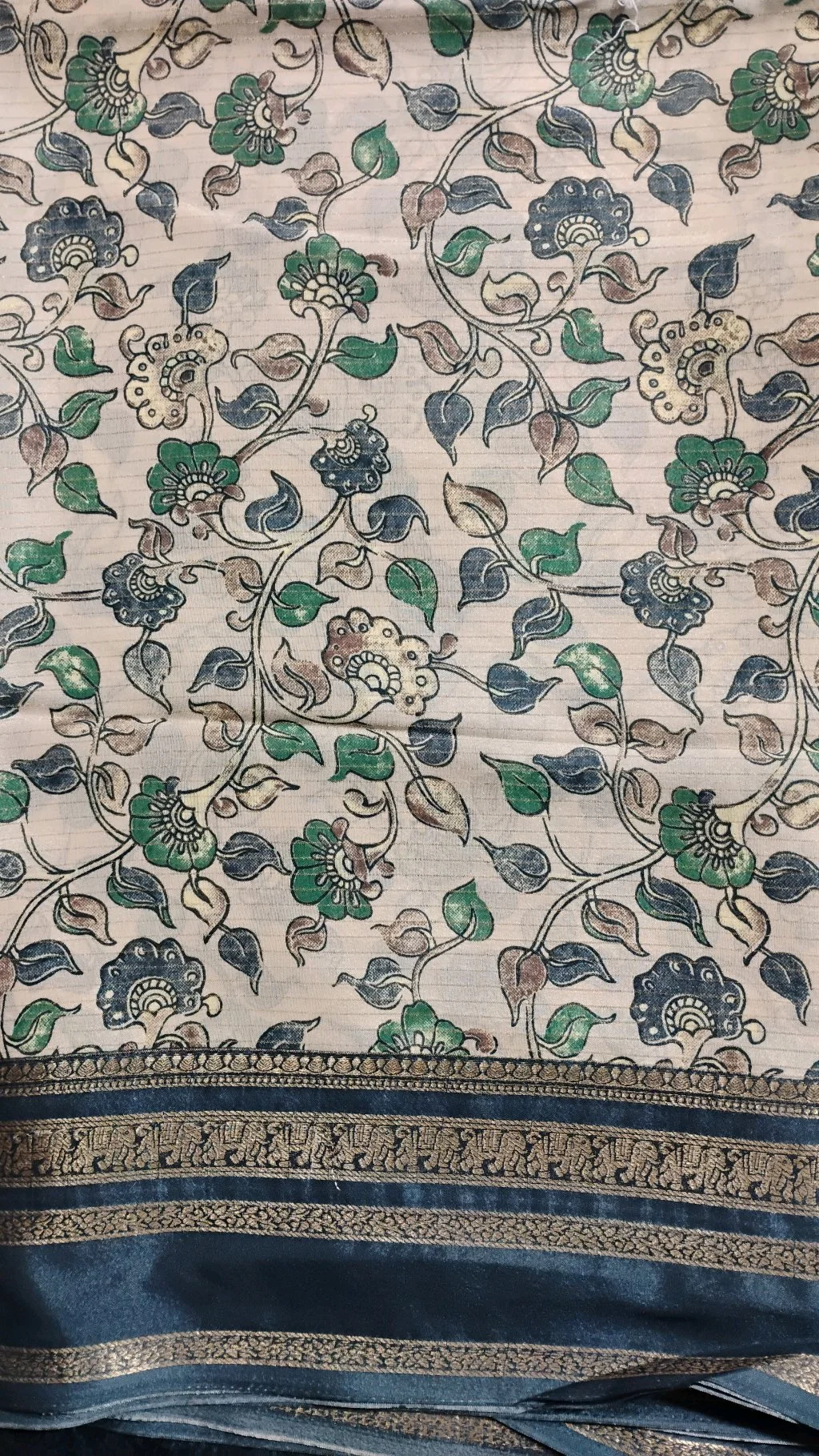 Cream Floral Print Silk Blend Saree with Blue Zari Border thumbnail 3