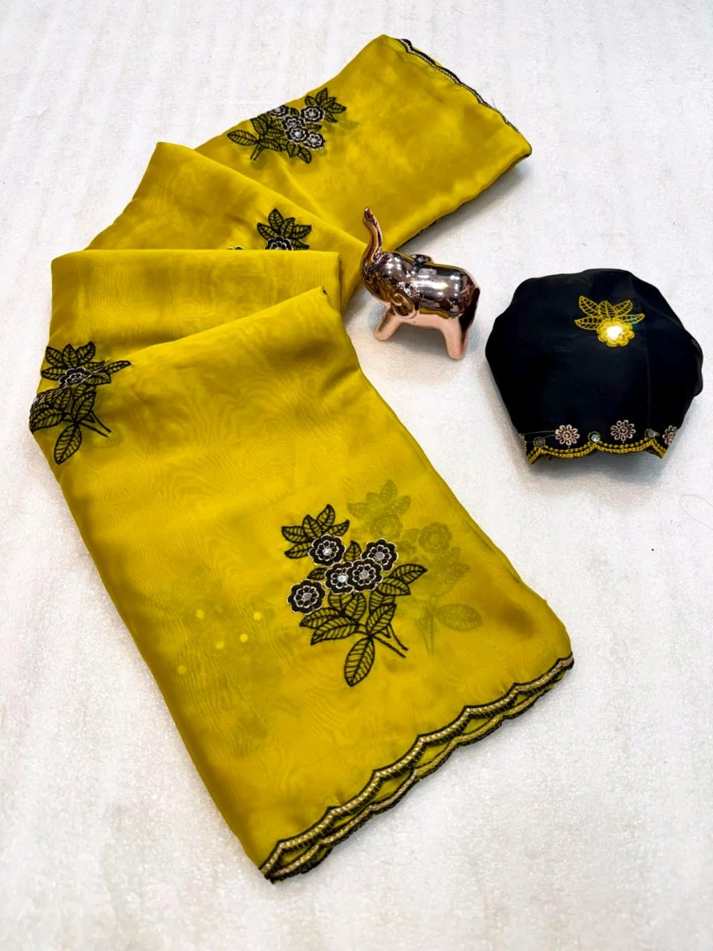 Rangoli Silk Saree with Black Floral Embroidery and Designer Blouse thumbnail 4