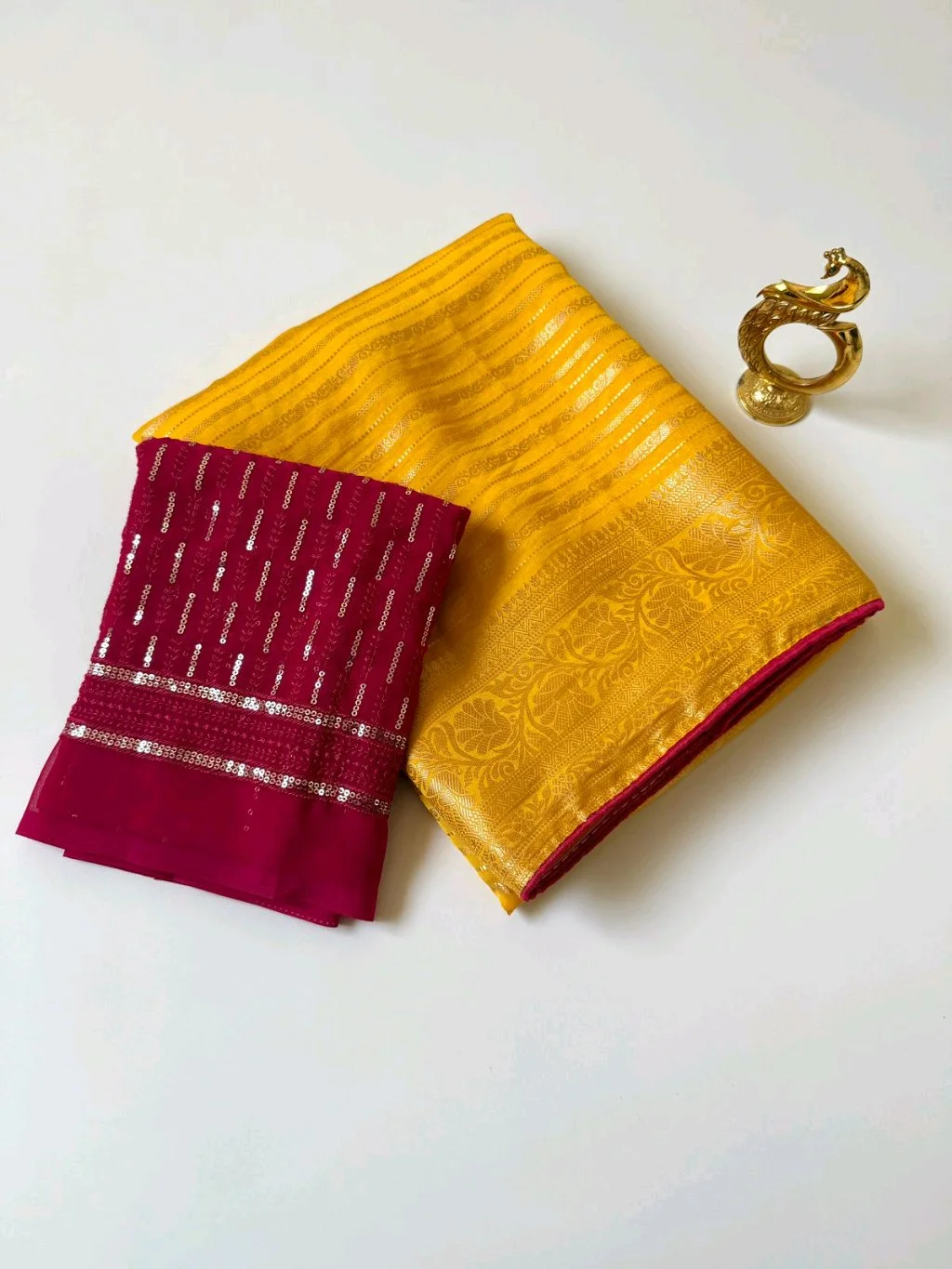 Yellow Zari Woven Saree with Maroon Sequin Blouse Piece thumbnail 1