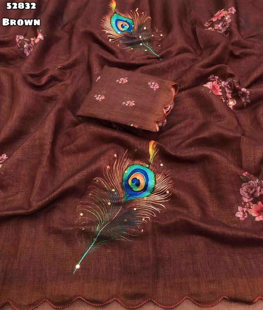 Soft Lenin With Peacock Feather Embroidered Saree with Floral Blouse thumbnail 7