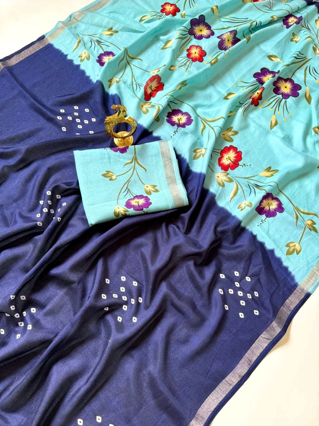 Navy Blue Dotted Saree with Aqua Floral Blouse Piece 2