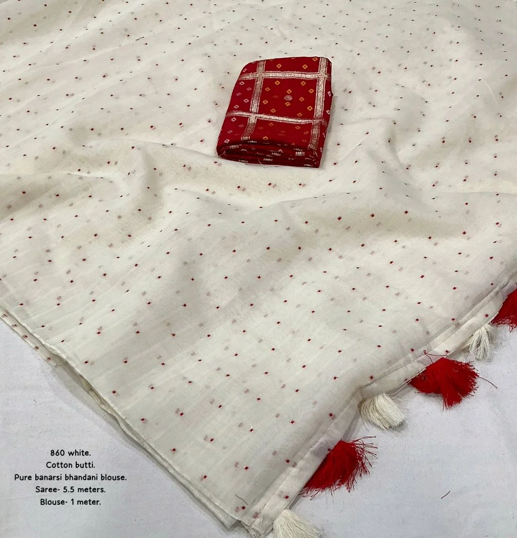 White Cotton Butti Saree with Red Banarasi Bandhani Blouse 2