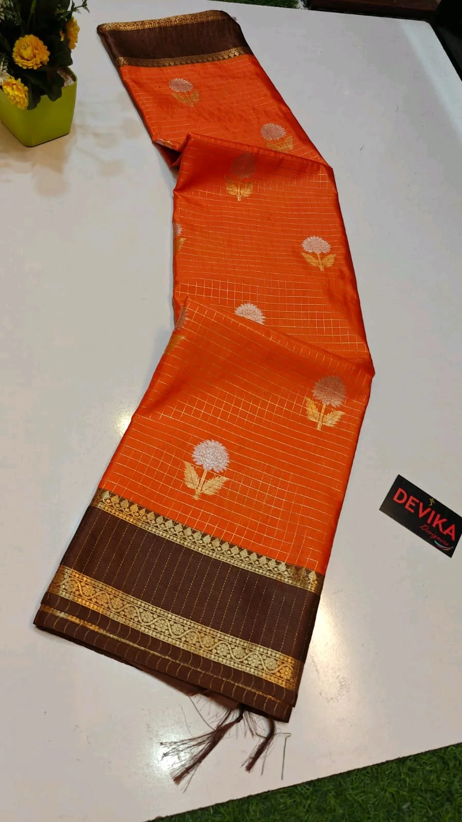 Orange Silk Saree with Brown Zari Border and Floral Buttis thumbnail 3
