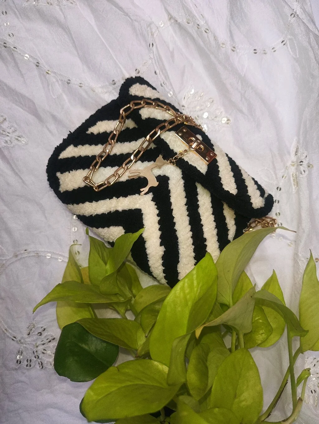 Zebra Print Fuzzy Sling Bag with Gold Chain