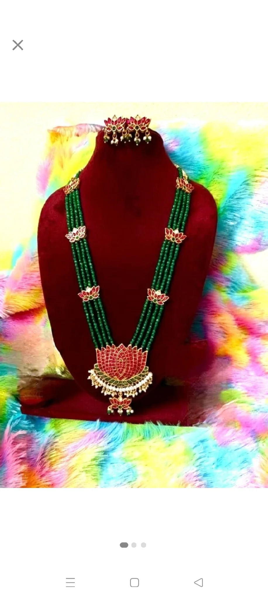 Green Beaded Lotus Design Necklace Set - Variant 2